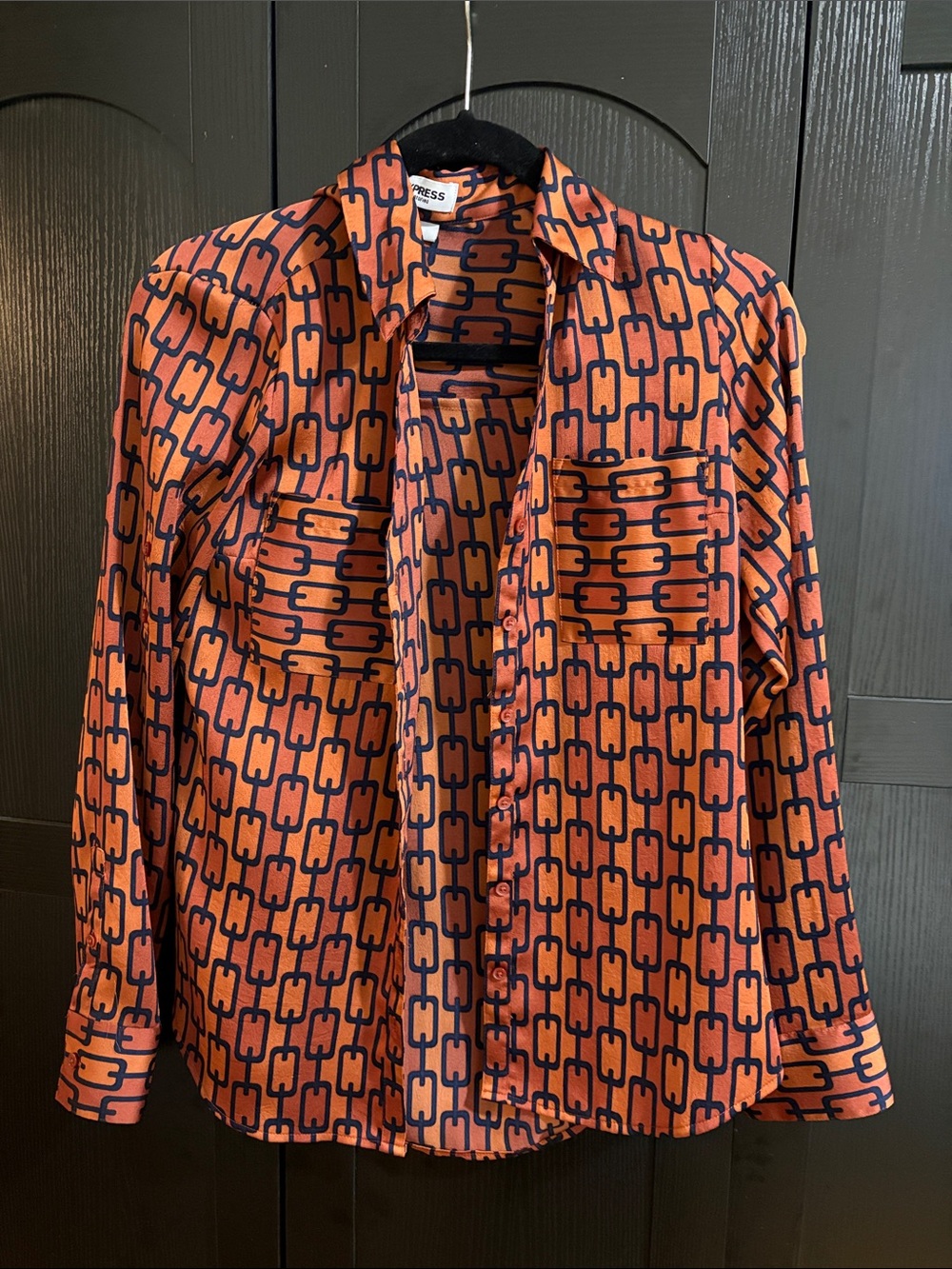Express Orange and Navy Geometric Chain-Link Blouse